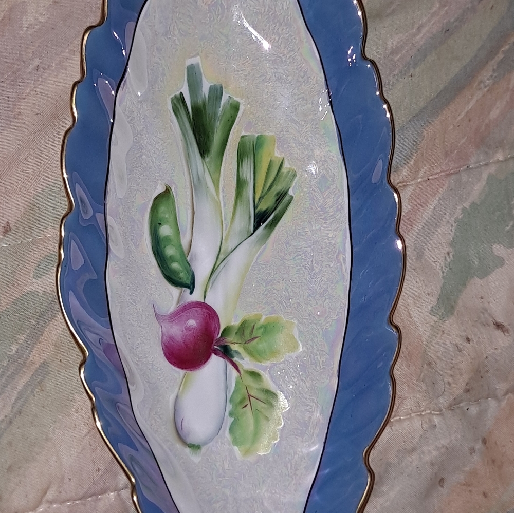 Vtg Noritake Lusterware Handpainted Vegetables Long Oval Relish Dish Leeks Peas